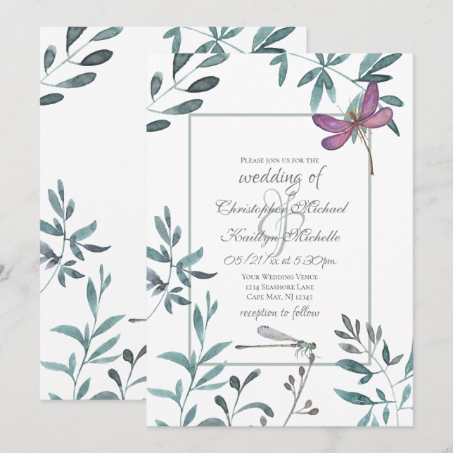 Pretty Dragonfly Garden Greenery on White Wedding Invitation (Front/Back)