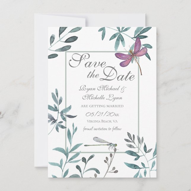 Pretty Dragonfly Garden Greenery on White Wedding Save The Date (Front)