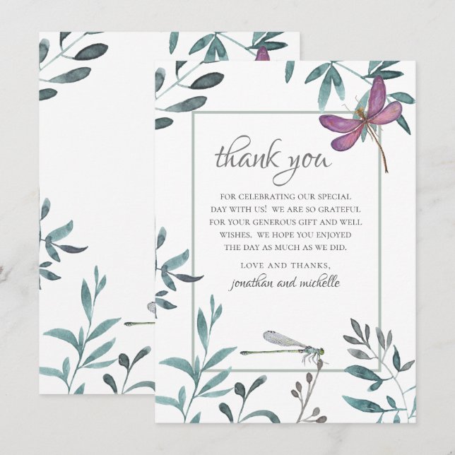 Pretty Dragonfly Garden Greenery on White Wedding Thank You Card (Front/Back)