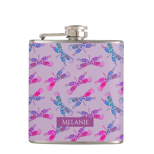 Pretty Dragonfly Purple Blue Pattern Personalised Hip Flask (Front)