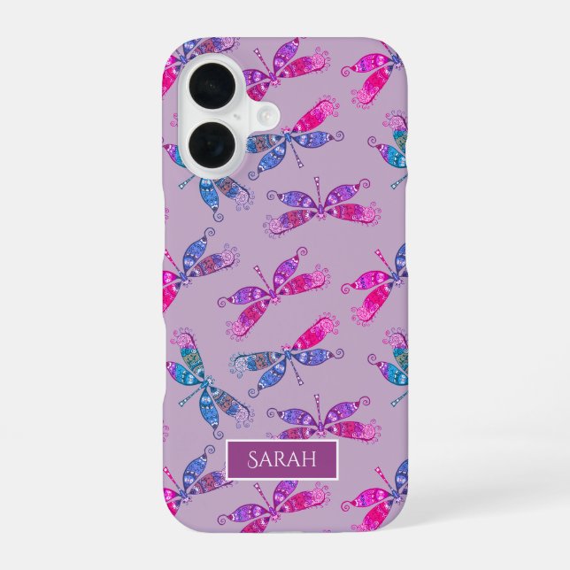 Pretty Dragonfly Purple Blue Pattern Personalised iPhone 16 Case (Back)
