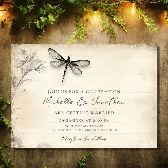 Pretty Dragonfly Sketch Vintage Journal Wedding Invitation (Front - Pretty Dragonfly Sketch Vintage Journal Wedding Invitation)