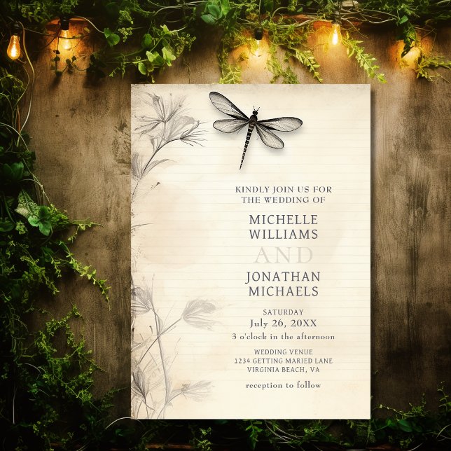 Pretty Dragonfly Sketch Vintage Journal Wedding Invitation (Front - Pretty Dragonfly Sketch Vintage Journal Wedding Invitation
)