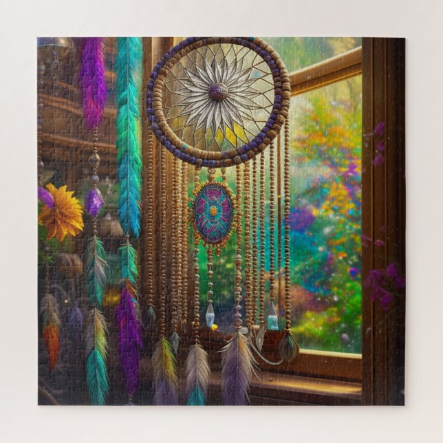 Pretty Dreamcatcher in Window Purple Boho Jigsaw Puzzle (Vertical)