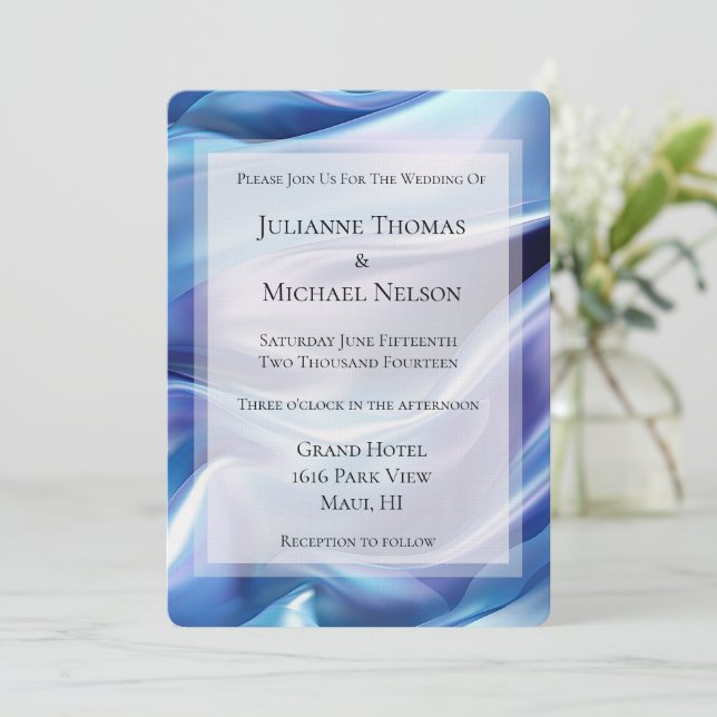 Pretty Dreamy Blue Purple Romantic Wedding Invitation (Standing Front)