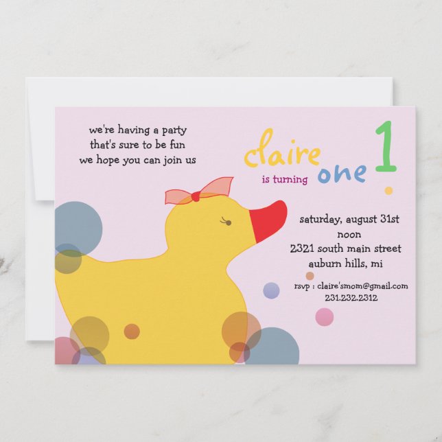 Pretty Ducky - pink birthday invitations (Front)