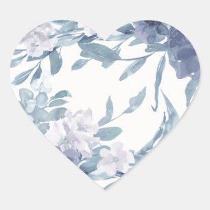 Pretty Dusty Blue Botanical Floral Wedding Heart Sticker