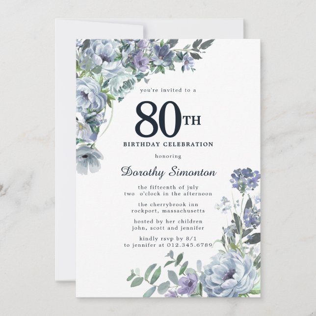 Pretty Dusty Blue Floral 80th Birthday Invitation (Front)