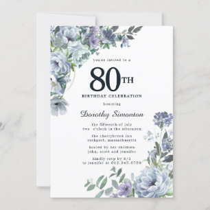 Pretty Dusty Blue Floral 80th Birthday Invitation