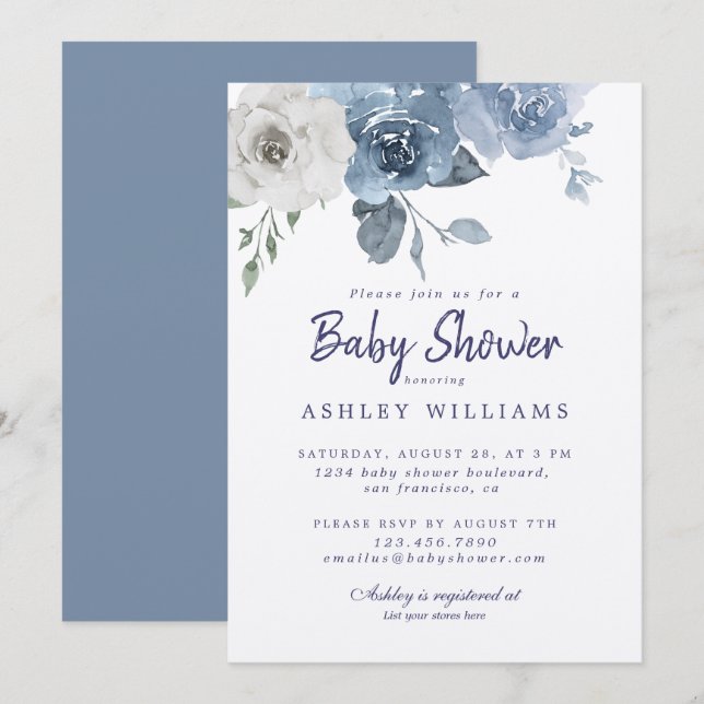 Pretty Dusty Blue Ivory Rose Baby Shower Invitation (Front/Back)