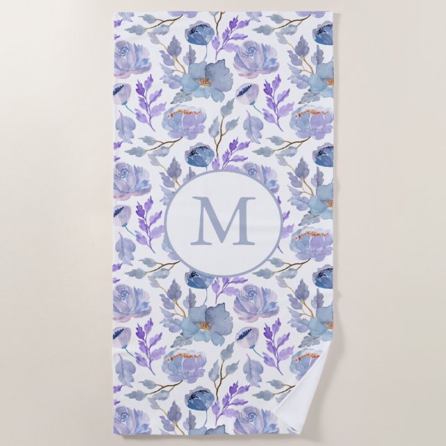 Pretty Dusty Blue Lilac Watercolor Floral Monogram Beach Towel (Front)