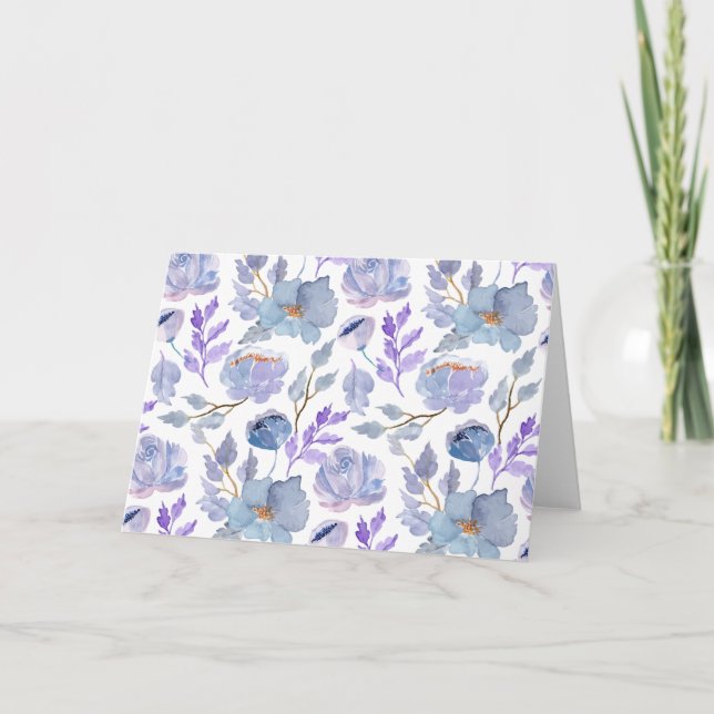 Pretty Dusty Blue Lilac Watercolor Flowers Blank Card (Front)