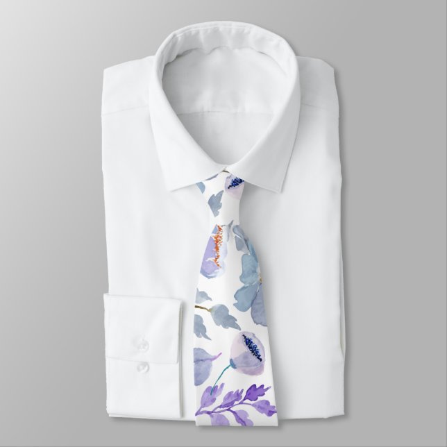 Pretty Dusty Blue Lilac Watercolor Flowers Pattern Tie (Tied)