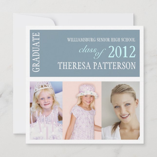 Pretty Dusty Blue Photo Collage Graduation Party Invitation (Front)
