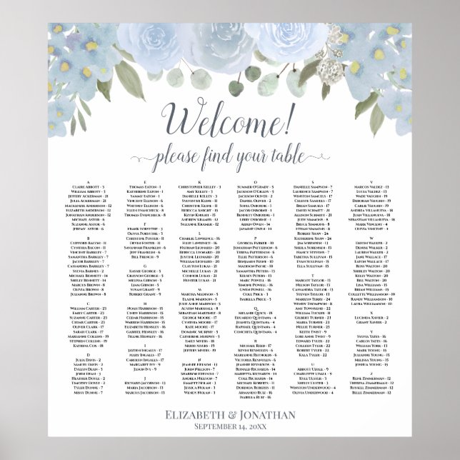Pretty Dusty Blue Roses Alphabetical Seating Chart (Front)