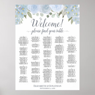 Pretty Dusty Blue Roses Alphabetical Seating Chart