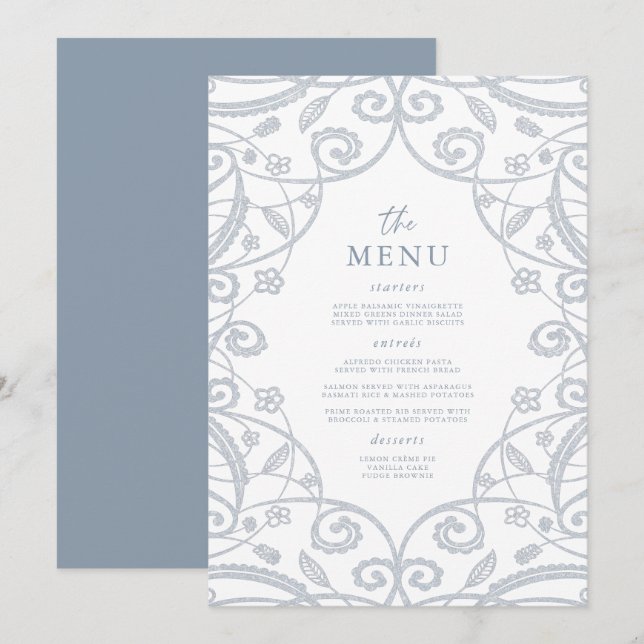Pretty Dusty Blue Silver Glitter Lace Wedding Menu (Front/Back)