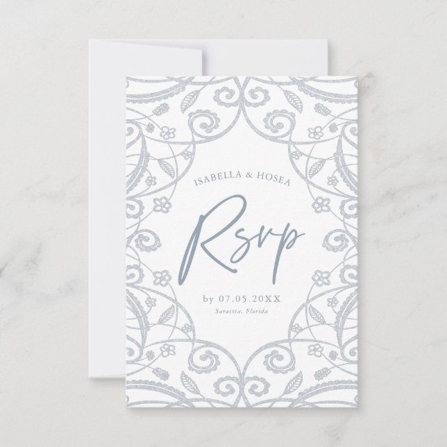Pretty Dusty Blue Silver Glitter Lace Wedding RSVP (Front)