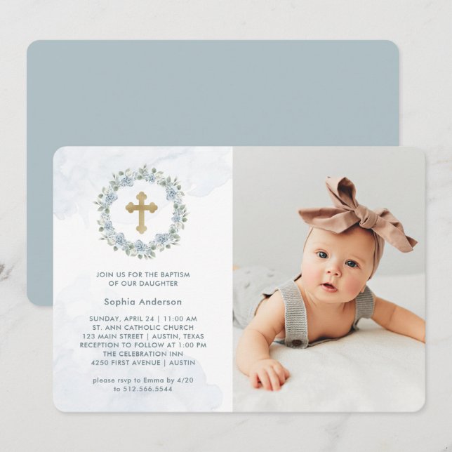 Pretty Dusty Blue Watercolor Floral Photo Baptism Invitation (Front/Back)