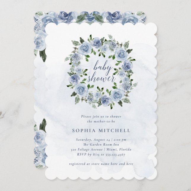 Pretty Dusty Blue Watercolor Flowers | Baby Shower Invitation (Front/Back)