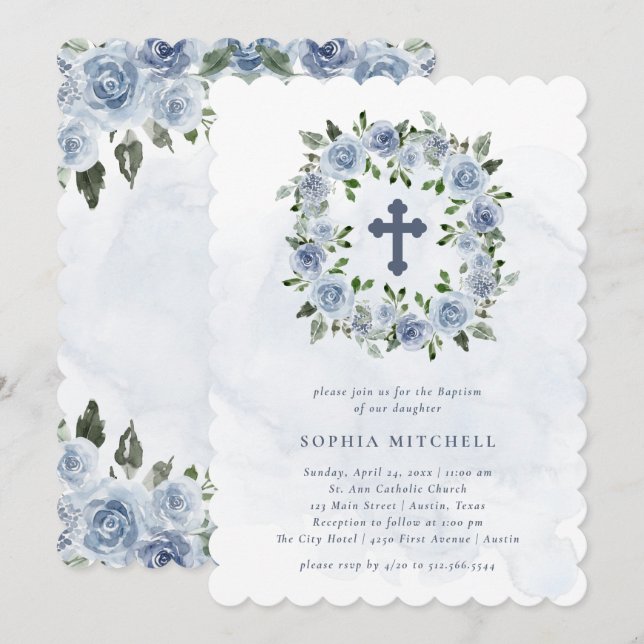 Pretty Dusty Blue Watercolor Flowers | Baptism Invitation (Front/Back)
