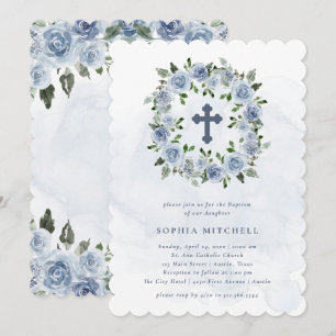 Pretty Dusty Blue Watercolor Flowers   Baptism Invitation