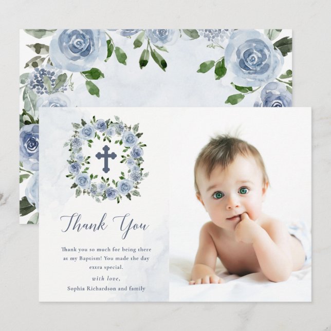 Pretty Dusty Blue Watercolor Flowers | Baptism Thank You Card (Front/Back)