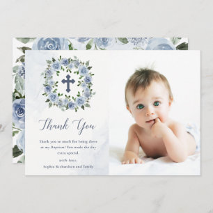 Pretty Dusty Blue Watercolor Flowers   Baptism Thank You Card