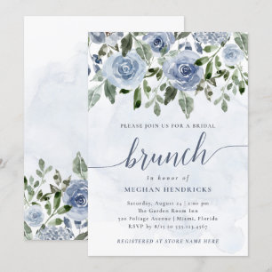Pretty Dusty Blue Watercolor Flowers Bridal Brunch Invitation