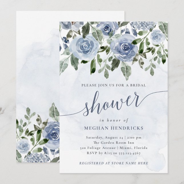 Pretty Dusty Blue Watercolor Flowers Bridal Shower Invitation (Front/Back)