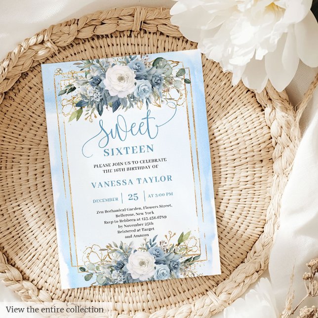 Pretty Dusty Blue White Gold Flowers Sweet 16  Invitation (Pretty Dusty Blue White Gold Flowers Sweet 16 Invitation)