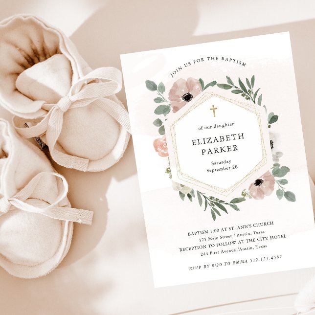 Pretty Dusty Peach Flowers and Greenery Baptism Invitation (Creator Uploaded)