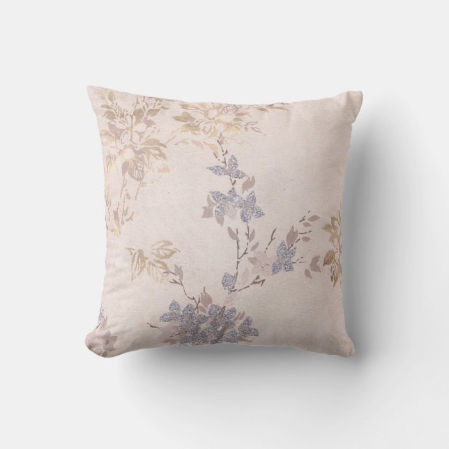 PRETTY DUSTY PINK GOLD BLUE FLORAL CUSHION (Front)
