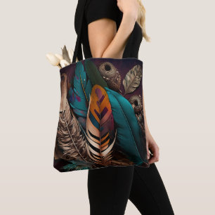 PRETTY EARTH TONED BOHO FEATHERS TOTE BAG
