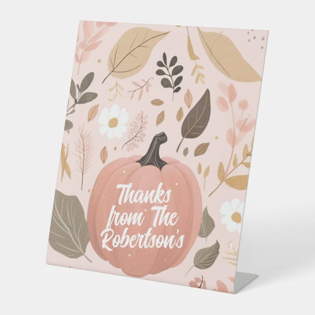 Pretty Earthy Pumpkin Foliage Thanksgiving Party  Pedestal Sign (Front)