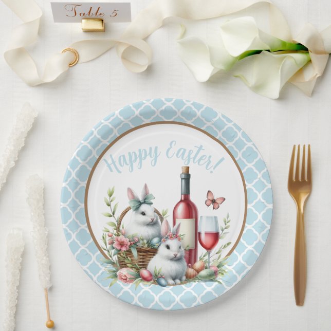 Pretty Easter bunnies & Wine Wreath Paper plate (Wedding)