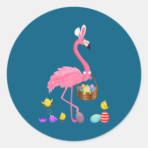 Pretty Easter Flamingo With Easter Basket Classic Round Sticker