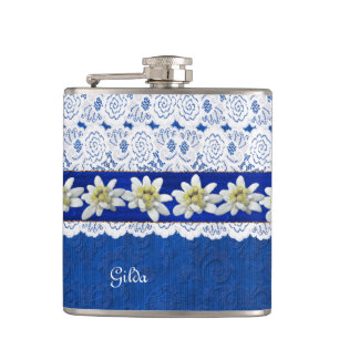 Pretty Edelweiss and Lace Custom Flask