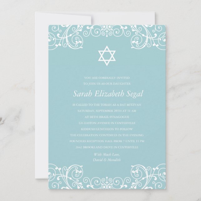 Pretty Elegant Blue Bat Mitzvah Invitation (Front)