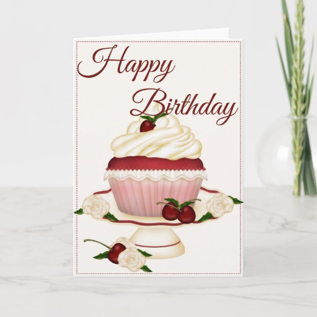 Pretty Elegant Cherry Cupcake Happy Birthday Card (Front)