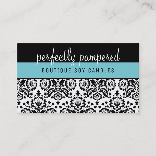 PRETTY ELEGANT DAMASK pattern black bright blue Business Card (Front)