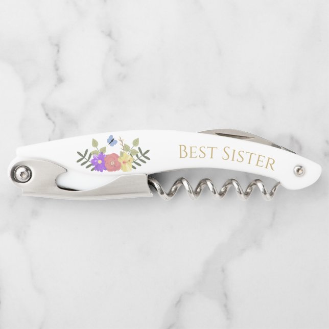 Pretty Elegant Floral Personalised Best Sister Corkscrew (Front)