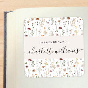 Pretty Elegant Floral This Book Belongs Bookplate Square Sticker