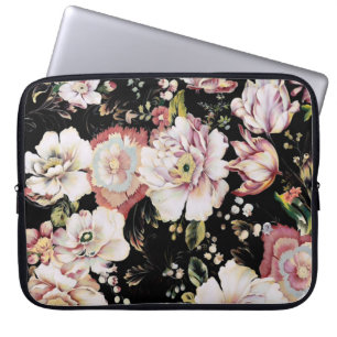 pretty elegant girly chic pink black floral laptop sleeve