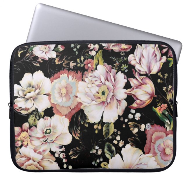 pretty elegant girly chic pink black floral laptop sleeve (Front)