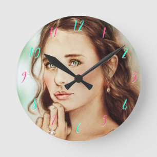 Pretty Elegant Lady Round Clock, Vintage Art Clock