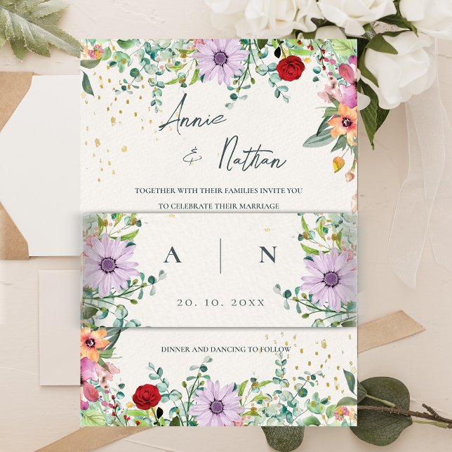 Pretty Elegant Monogram Initials Floral Wedding Invitation Belly Band (Pretty Elegant Monogram Initials Floral Wedding Invitation Belly Band)