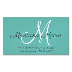 Pretty Elegant Monogram Teal Make Up Hair Salon  Magnetic Business Card