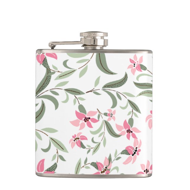 Pretty Elegant Pink Floral Pattern White Hip Flask (Front)