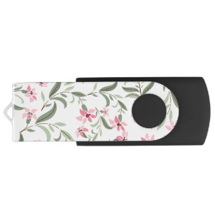 Pretty Elegant Pink Floral Pattern White USB Flash Drive